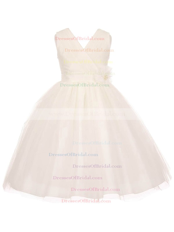 Beautiful V-neck Tulle Sashes / Ribbons Floor-length Princess Flower Girl Dresses #DOB01031936