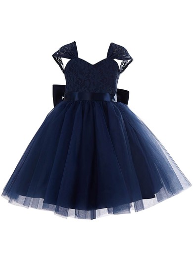 Princess Sweetheart Dark Navy Lace Tulle with Bow Tea-length Flower Girl Dresses #DOB01031943