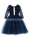 Online A-line Scoop Neck Lace Tulle Sashes / Ribbons Long Sleeve Tea-length Flower Girl Dresses #DOB01031947