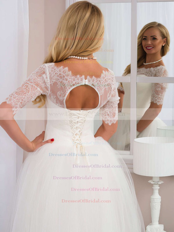Fashion A-line Scoop Neck White Tulle with Lace Floor-length 1/2 Sleeve Wedding Dresses #DOB00022525