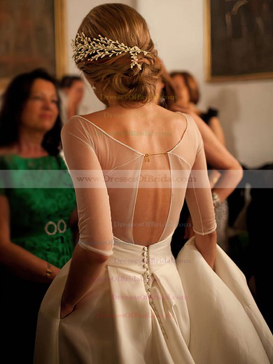 A-line Scoop Neck Ruffles Satin Tulle Sweep Train 1/2 Sleeve Trendy Backless Wedding Dresses #DOB00022526