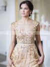 A-line Scoop Neck Champagne Tulle Crystal Detailing Sweep Train Sparkly Wedding Dresses #DOB00022530