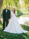 Fabulous A-line Scoop Neck Lace with Sashes / Ribbons Sweep Train 1/2 Sleeve Wedding Dresses #DOB00022531