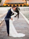 V-neck Sheath/Column Lace with Bow Sweep Train Long Sleeve Glamorous Wedding Dresses #DOB00022535