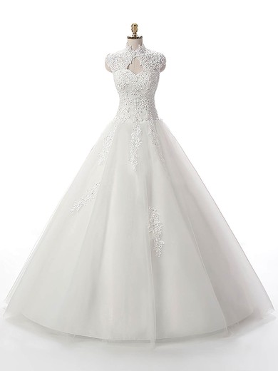 Ball Gown White Tulle Appliques Lace Floor-length Graceful High Neck Wedding Dresses #DOB00022537