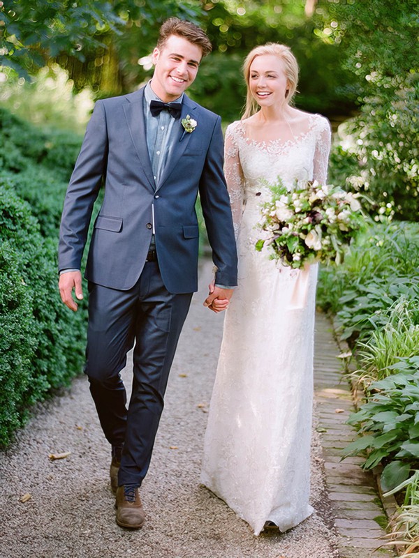 Classy Scoop Neck Sheath/Column Tulle Appliques Lace Floor-length Long Sleeve Wedding Dresses #DOB00022539