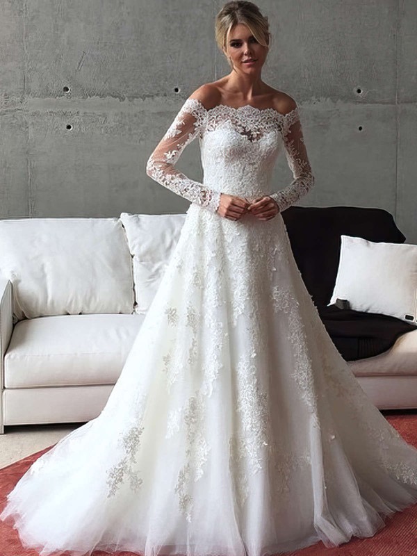 A-line Tulle Appliques Lace Sweep Train Long Sleeve Off-the-shoulder Wedding Dresses #DOB00022541