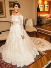 Newest A-line Scoop Neck Tulle Appliques Lace Chapel Train Long Sleeve Wedding Dresses #DOB00022542