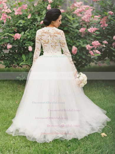 Asymmetrical A-line Scalloped Neck Tulle Appliques Lace Long Sleeve Latest Two Piece Wedding Dresses #DOB00022546