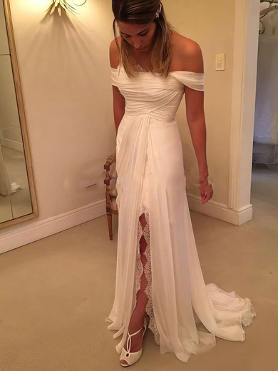 Sheath/Column Chiffon Lace Watteau Train Backless Off-the-shoulder Wedding Dresses #DOB00022548