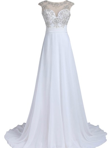 Original A-line Scoop Neck White Chiffon Tulle Beading Sweep Train Open Back Wedding Dresses #DOB00022549