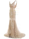 Custom Trumpet/Mermaid V-neck Tulle Appliques Lace Sweep Train Backless Wedding Dresses #DOB00022550