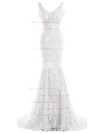 Custom Trumpet/Mermaid V-neck Tulle Appliques Lace Sweep Train Backless Wedding Dresses #DOB00022550