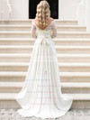 A-line Scalloped Neck Lace Chiffon Sashes / Ribbons Sweep Train 3/4 Sleeve Wedding Dresses #DOB00022552