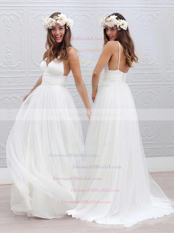 Different A-line V-neck Tulle with Pleats Sweep Train Backless Wedding Dresses #DOB00022553