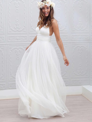 Different A-line V-neck Tulle with Pleats Sweep Train Backless Wedding Dresses #DOB00022553