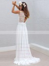 V-neck Sheath/Column White Lace Chiffon Sashes / Ribbons Sweep Train Ladies Wedding Dresses #DOB00022555