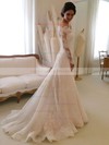 Elegant A-line Lace Tulle Appliques Lace Watteau Train Off-the-shoulder Long Sleeve Wedding Dress #DOB00022557