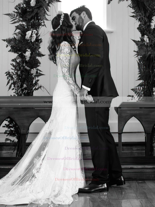 V-neck Backless Sheath/Column Lace Tulle Sweep Train Appliques Lace Long Sleeve Wedding Dress #DOB00022558