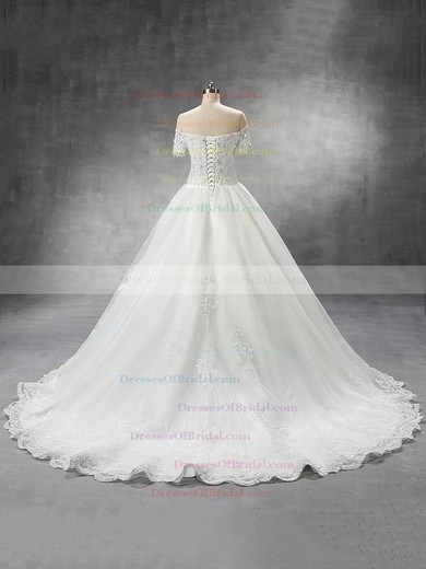 Off-the-shoulder Ball Gown Organza with Beading Court Train Short Sleeve Wedding Dress #DOB00022559