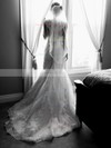 Modest V-neck Tulle Appliques Lace Court Train Covered Button Trumpet/Mermaid Wedding Dress #DOB00022560
