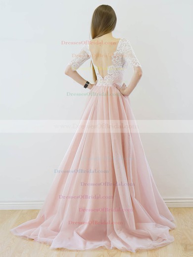 Backless A-line V-neck Lace Tulle Sweep Train Sweet 1/2 Sleeve Wedding Dresses #DOB00022565