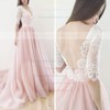 Backless A-line V-neck Lace Tulle Sweep Train Sweet 1/2 Sleeve Wedding Dresses #DOB00022565