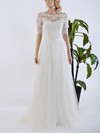 Cheap A-line Scoop Neck Tulle Chiffon Appliques Lace Sweep Train 1/2 Sleeve Wedding Dresses #DOB00022567