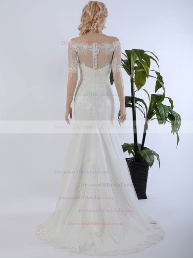 Off-the-shoulder Trumpet/Mermaid Tulle Appliques Lace Sweep Train 1/2 Sleeve Wedding Dresses #DOB00022568
