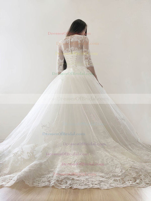 Classy Princess Scoop Neck Tulle Appliques Lace Court Train 3/4 Sleeve Wedding Dresses #DOB00022569