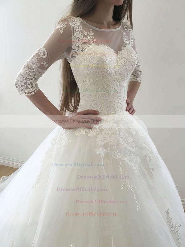Classy Princess Scoop Neck Tulle Appliques Lace Court Train 3/4 Sleeve Wedding Dresses #DOB00022569