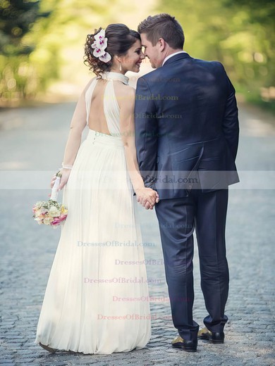 Simple A-line Ruffles Chiffon Floor-length Open Back High Neck Wedding Dresses #DOB00022572