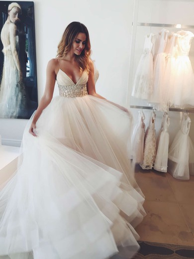 New Style Princess V-neck Tulle Crystal Detailing Court Train Backless Wedding Dresses #DOB00022575