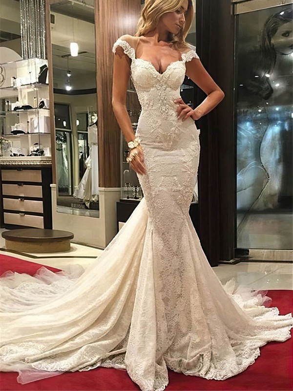 Trumpet/Mermaid V-neck Lace Tulle Appliques Lace Watteau Train Unique Wedding Dresses #DOB00022577