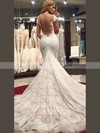 Trumpet/Mermaid V-neck Lace Tulle Appliques Lace Watteau Train Unique Wedding Dresses #DOB00022577