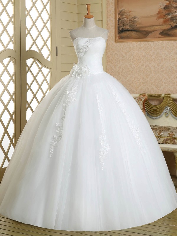 Discounted Ball Gown White Tulle with Flower(s) Floor-length Strapless Wedding Dresses #DOB00022580