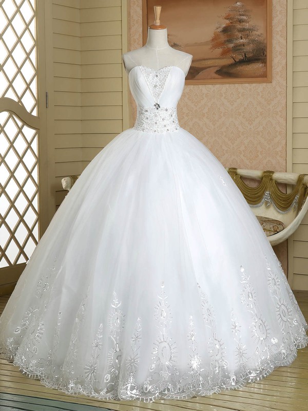 Ball Gown Sweetheart White Tulle with Beading Floor-length Lace-up Modest Wedding Dresses #DOB00022586