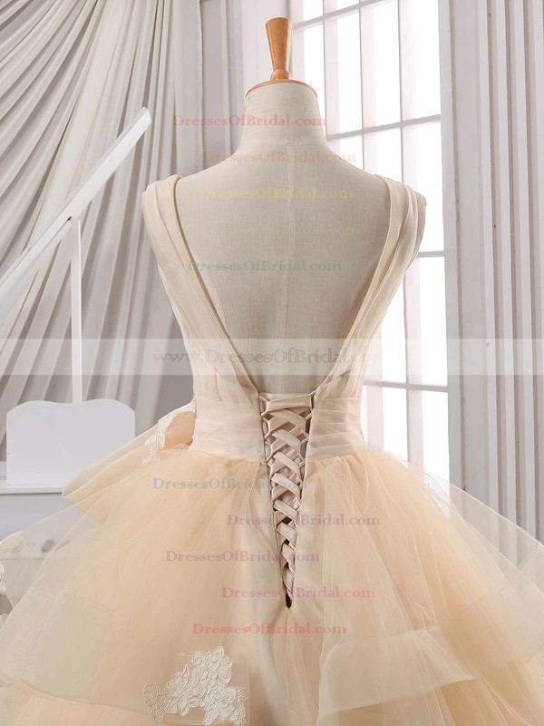 Online Ball Gown V-neck Satin Organza Tulle Appliques Lace Floor-length Backless Wedding Dresses #DOB00022587