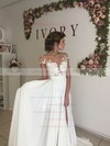 Modern A-line Scoop Neck Chiffon Tulle Appliques Lace Sweep Train Short Sleeve Wedding Dress #DOB00022588