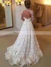 Open Back A-line Lace Sweep Train Sashes / Ribbons Long Sleeve High Neck Popular Wedding Dresses #DOB00022590