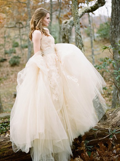 A-line Scoop Neck Tulle with Appliques Lace Sweep Train Fabulous Wedding Dresses #DOB00022592