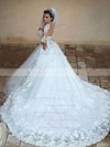 Ball Gown Scoop Neck Tulle Appliques Lace Cathedral Train Long Sleeve Unusual Wedding Dresses #DOB00022594