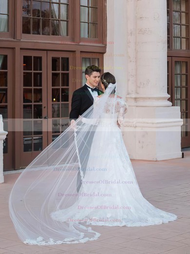 Off-the-shoulder A-line Lace Sashes / Ribbons Court Train Elegant Long Sleeve Wedding Dress #DOB00022595