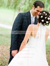A-line V-neck Spaghetti Straps Satin Appliques Lace Sweep Train Affordable Wedding Dresses #DOB00022599