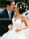 A-line V-neck Spaghetti Straps Satin Appliques Lace Sweep Train Affordable Wedding Dresses #DOB00022599