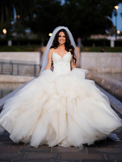 Glamorous V-neck Tulle with Beading Sweep Train Ball Gown Wedding Dresses #DOB00022601