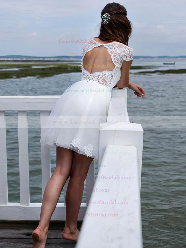 Short/Mini A-line Scoop Neck Tulle Appliques Lace Open Back Cute Wedding Dresses #DOB00022606