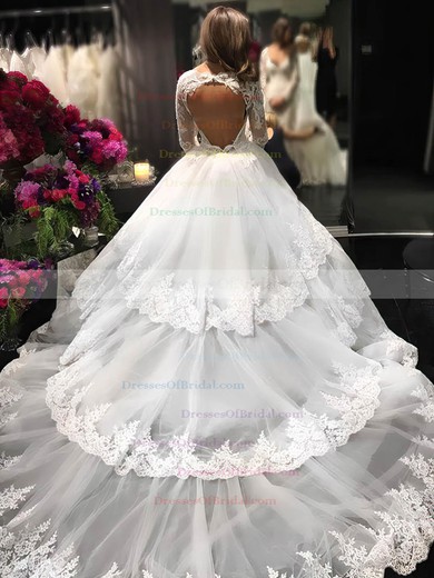 Ball Gown V-neck Tulle Appliques Lace Cathedral Train Long Sleeve Amazing Open Back Wedding Dresses #DOB00022610