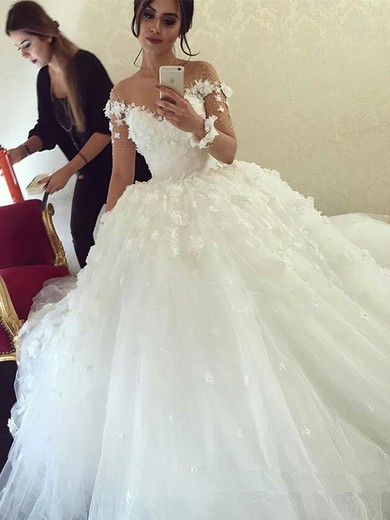 Scoop Neck Tulle Beading Sweep Train Long Sleeve Famous Ball Gown Wedding Dresses #DOB00022611
