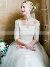 A-line Tulle with Lace Floor-length 1/2 Sleeve Classy Off-the-shoulder Wedding Dresses #DOB00022615